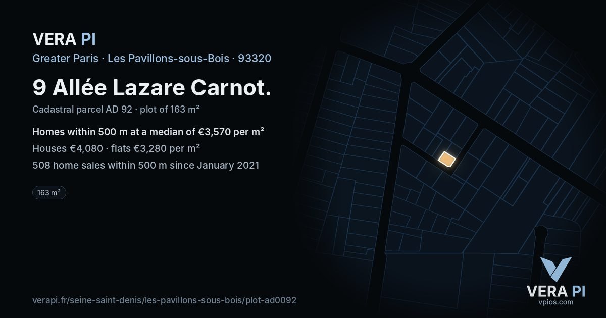 9 Allée Lazare Carnot, Les Pavillons-sous-Bois at night – the plot lit, the parcels around coloured by the prices near them