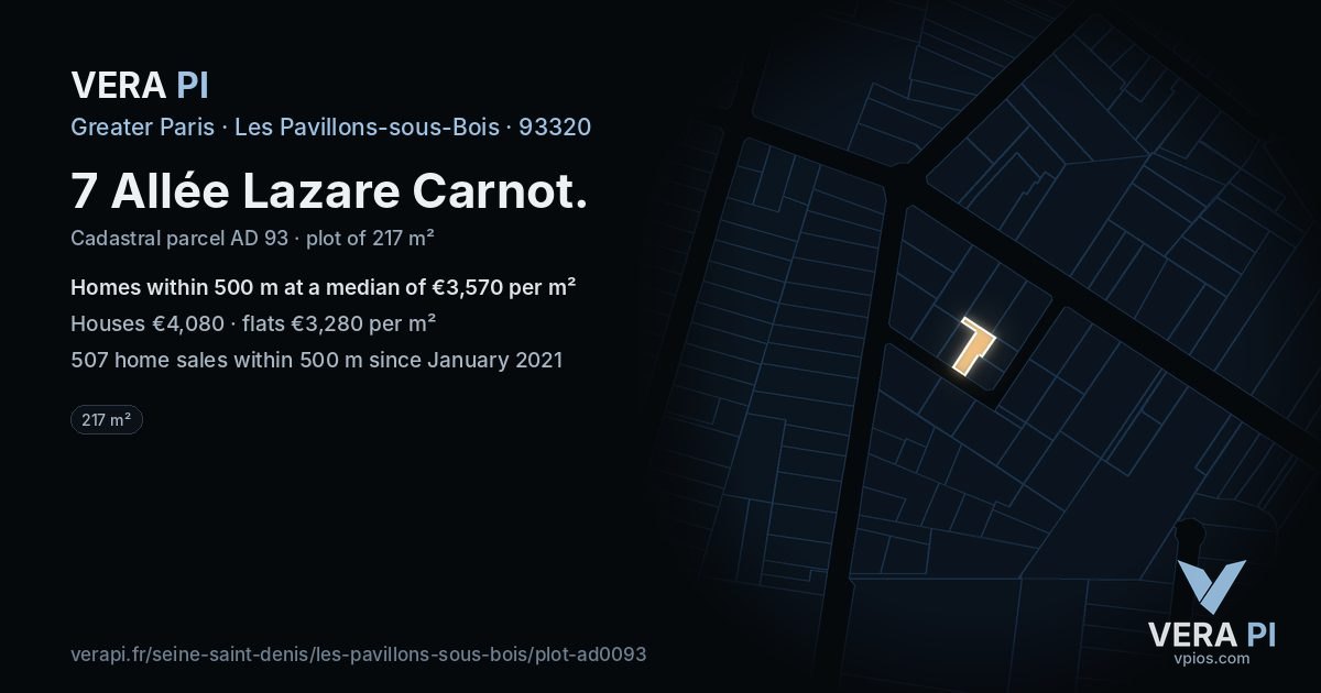 7 Allée Lazare Carnot, Les Pavillons-sous-Bois at night – the plot lit, the parcels around coloured by the prices near them