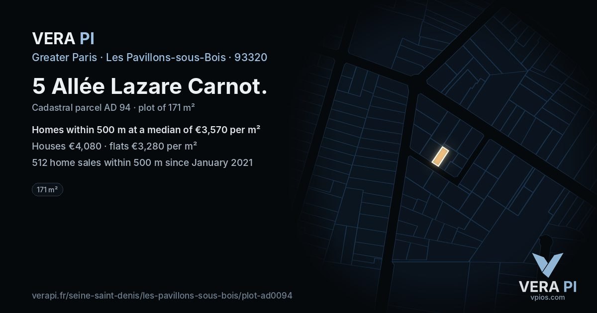 5 Allée Lazare Carnot, Les Pavillons-sous-Bois at night – the plot lit, the parcels around coloured by the prices near them