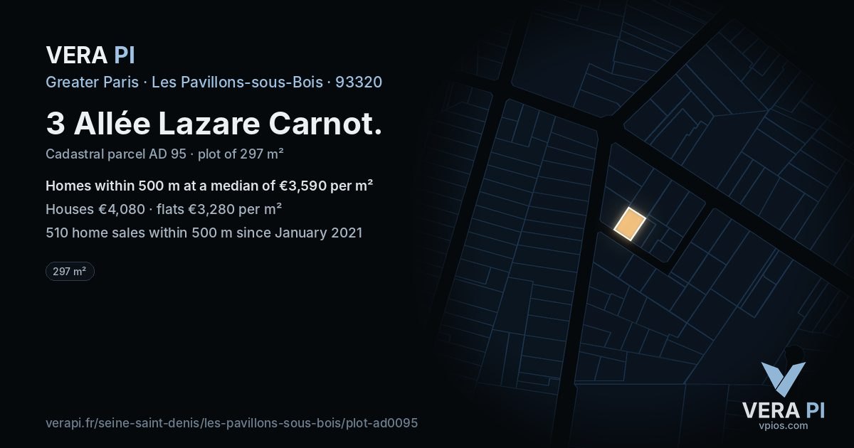 3 Allée Lazare Carnot, Les Pavillons-sous-Bois at night – the plot lit, the parcels around coloured by the prices near them