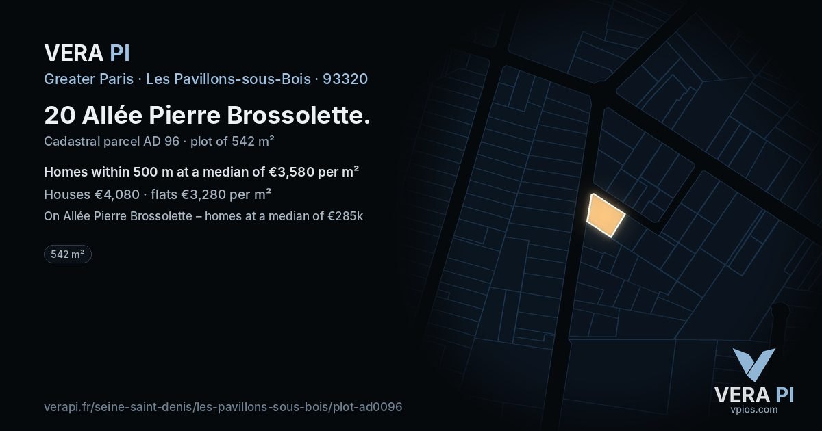 20 Allée Pierre Brossolette, Les Pavillons-sous-Bois at night – the plot lit, the parcels around coloured by the prices near them