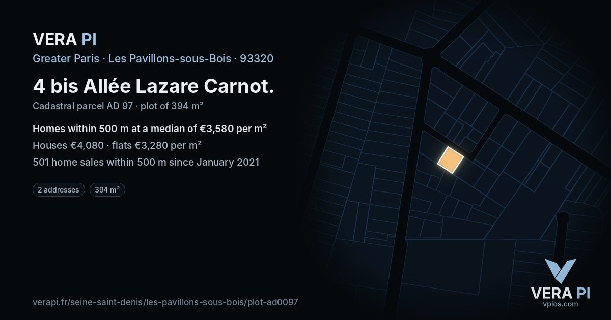 4 bis Allée Lazare Carnot, Les Pavillons-sous-Bois at night – the plot lit, the parcels around coloured by the prices near them