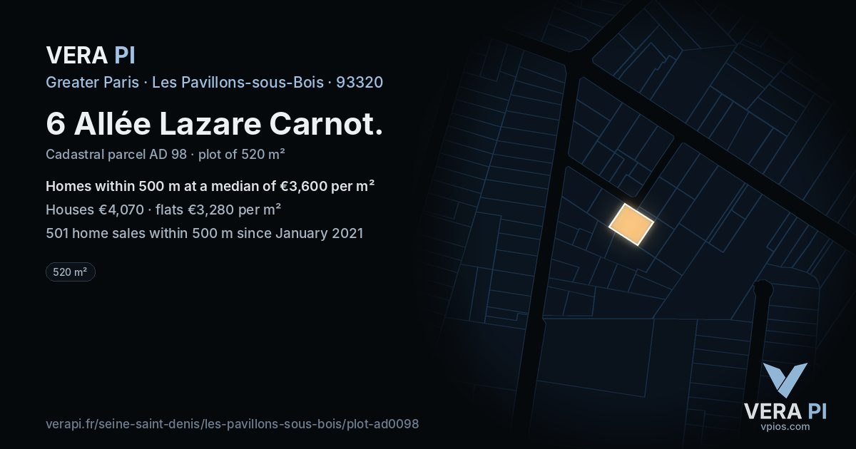 6 Allée Lazare Carnot, Les Pavillons-sous-Bois at night – the plot lit, the parcels around coloured by the prices near them