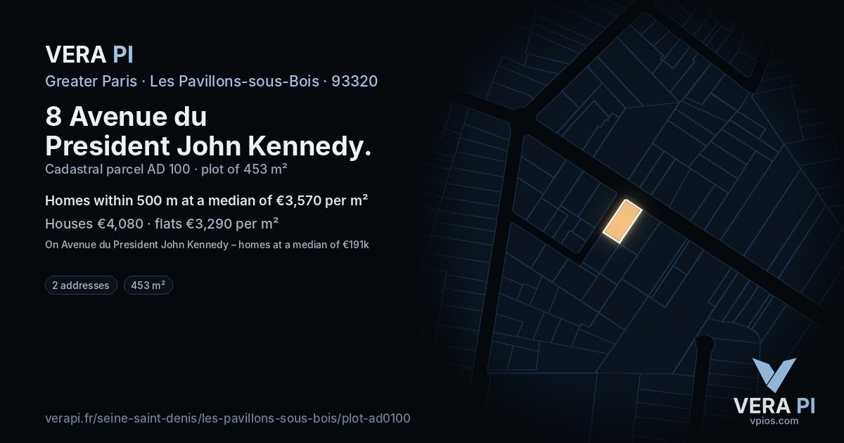 8 Avenue du President John Kennedy, Les Pavillons-sous-Bois at night – the plot lit, the parcels around coloured by the prices near them