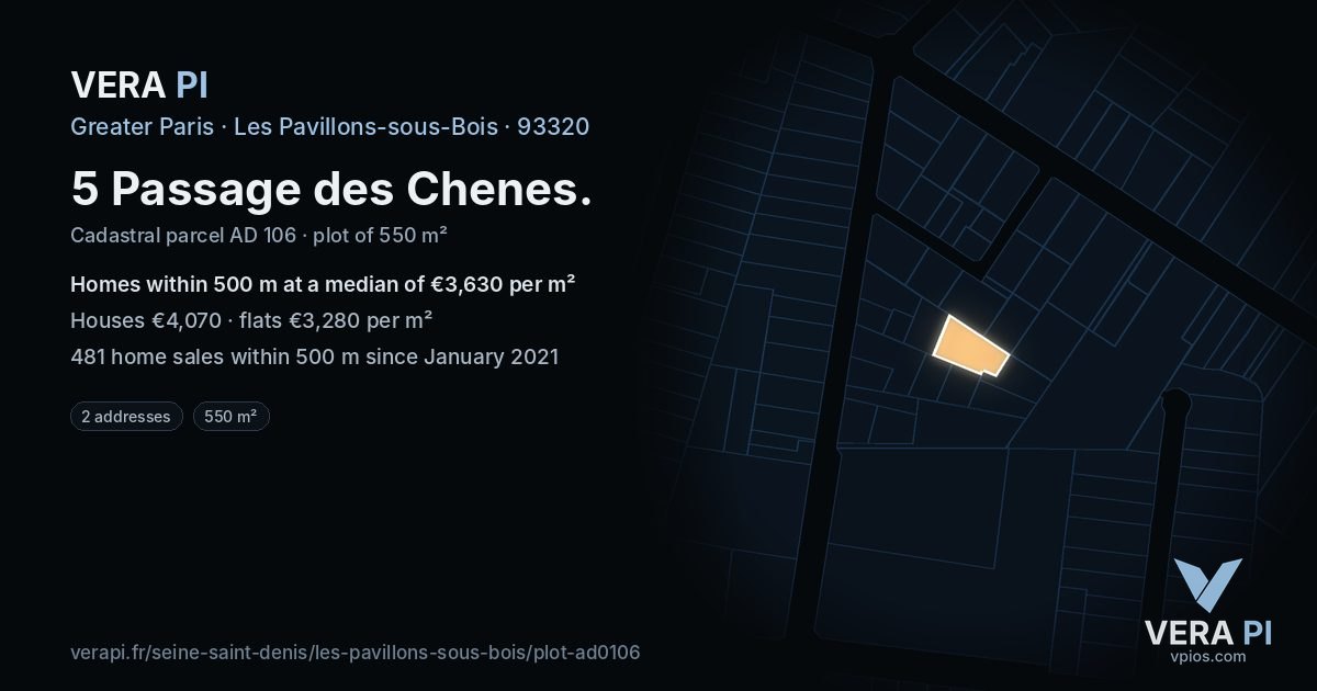 5 Passage des Chenes, Les Pavillons-sous-Bois at night – the plot lit, the parcels around coloured by the prices near them