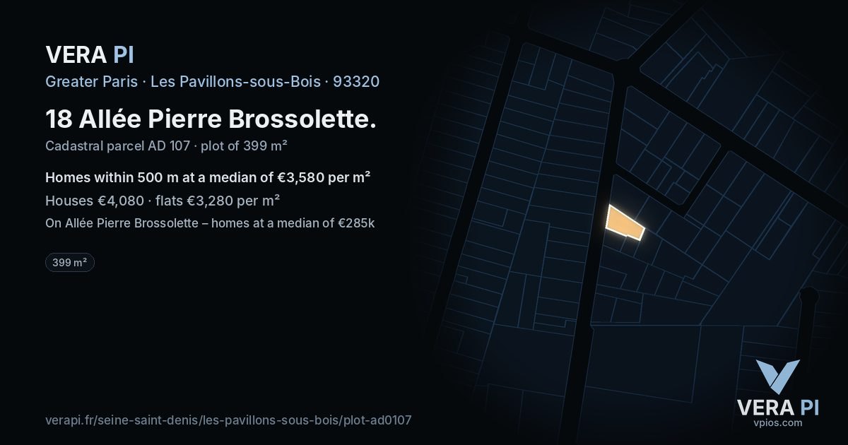 18 Allée Pierre Brossolette, Les Pavillons-sous-Bois at night – the plot lit, the parcels around coloured by the prices near them