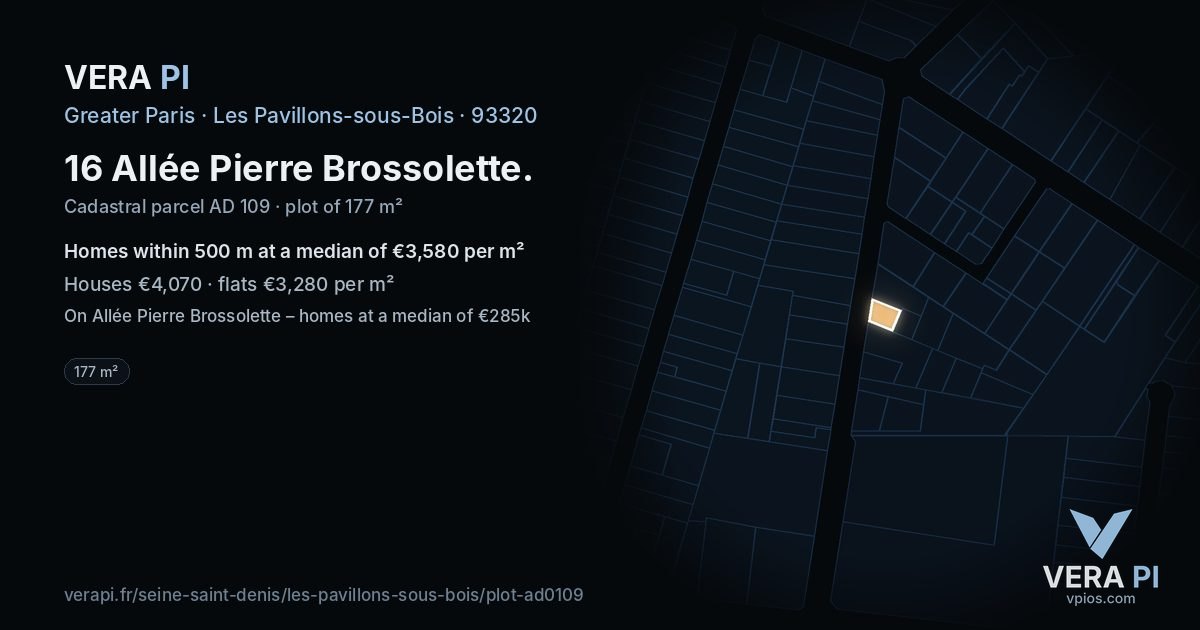 16 Allée Pierre Brossolette, Les Pavillons-sous-Bois at night – the plot lit, the parcels around coloured by the prices near them