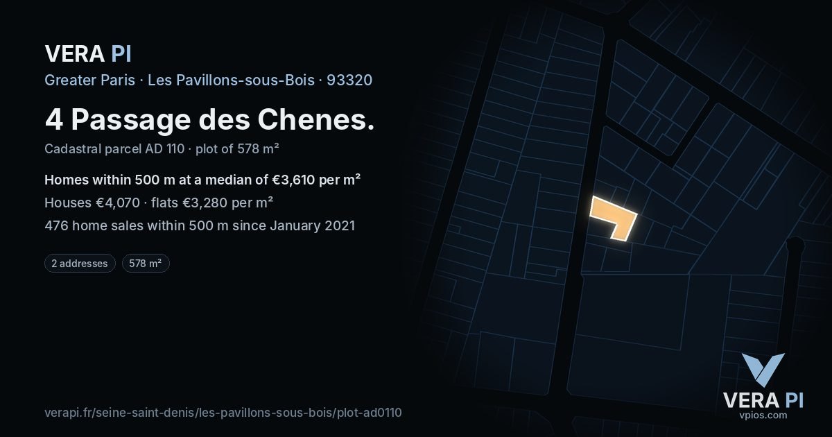 4 Passage des Chenes, Les Pavillons-sous-Bois at night – the plot lit, the parcels around coloured by the prices near them