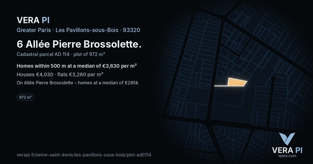 6 Allée Pierre Brossolette, Les Pavillons-sous-Bois at night – the plot lit, the parcels around coloured by the prices near them