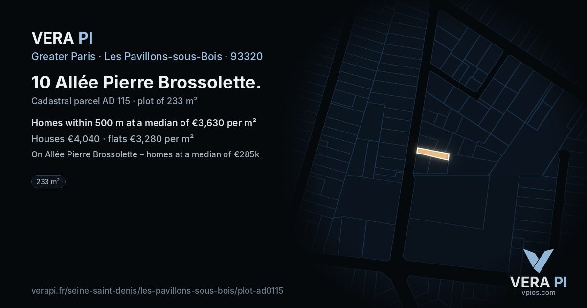 10 Allée Pierre Brossolette, Les Pavillons-sous-Bois at night – the plot lit, the parcels around coloured by the prices near them