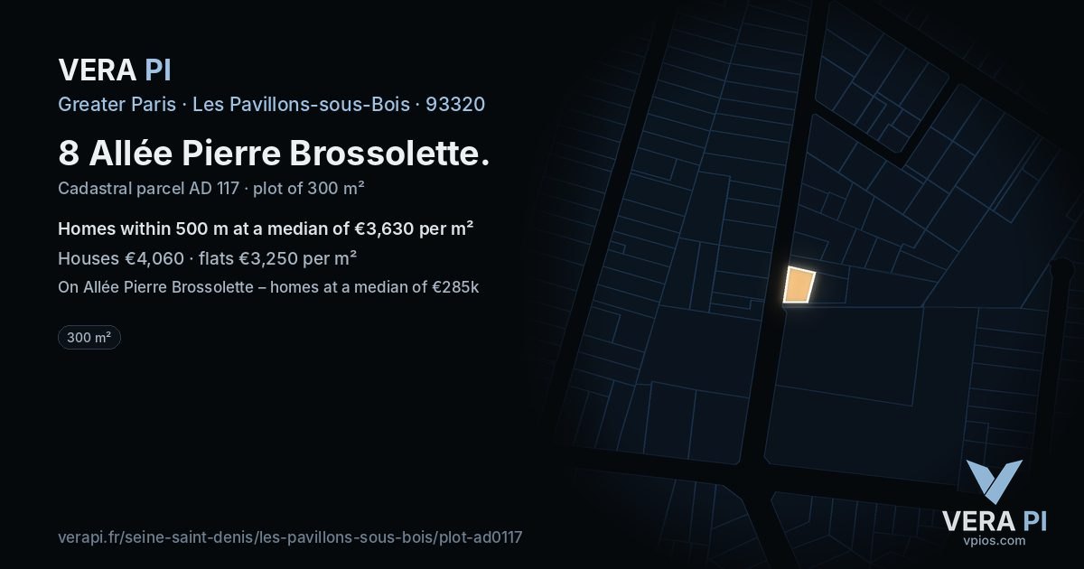8 Allée Pierre Brossolette, Les Pavillons-sous-Bois at night – the plot lit, the parcels around coloured by the prices near them