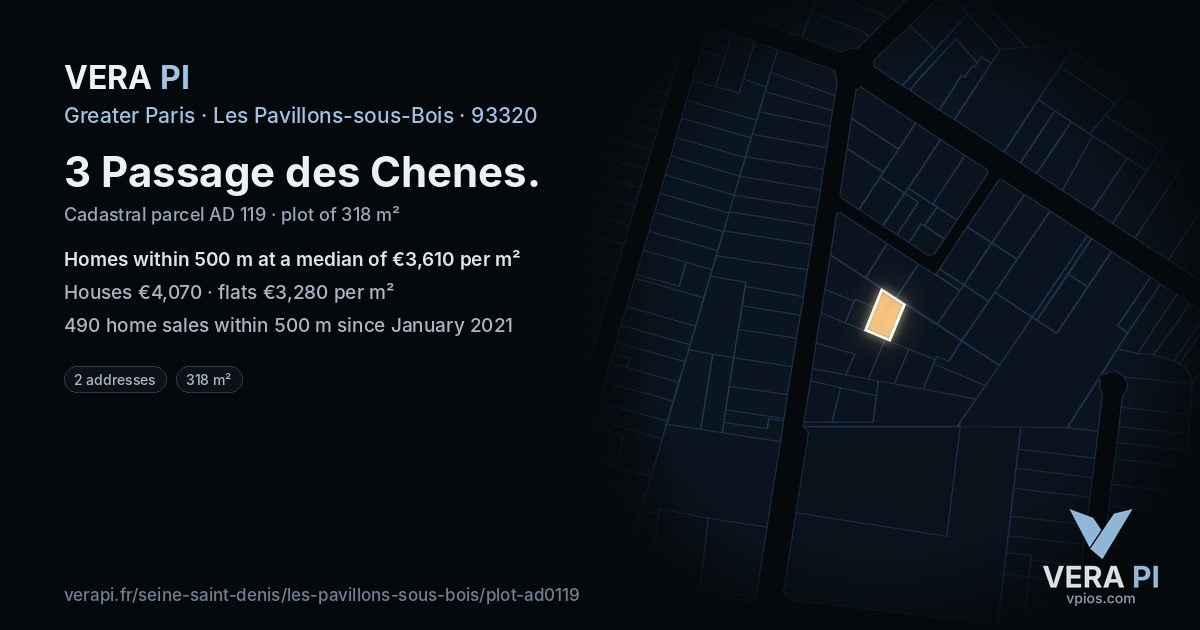 3 Passage des Chenes, Les Pavillons-sous-Bois at night – the plot lit, the parcels around coloured by the prices near them