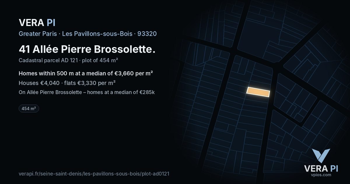 41 Allée Pierre Brossolette, Les Pavillons-sous-Bois at night – the plot lit, the parcels around coloured by the prices near them