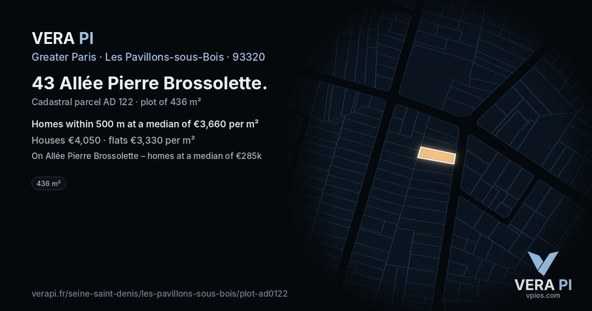 43 Allée Pierre Brossolette, Les Pavillons-sous-Bois at night – the plot lit, the parcels around coloured by the prices near them