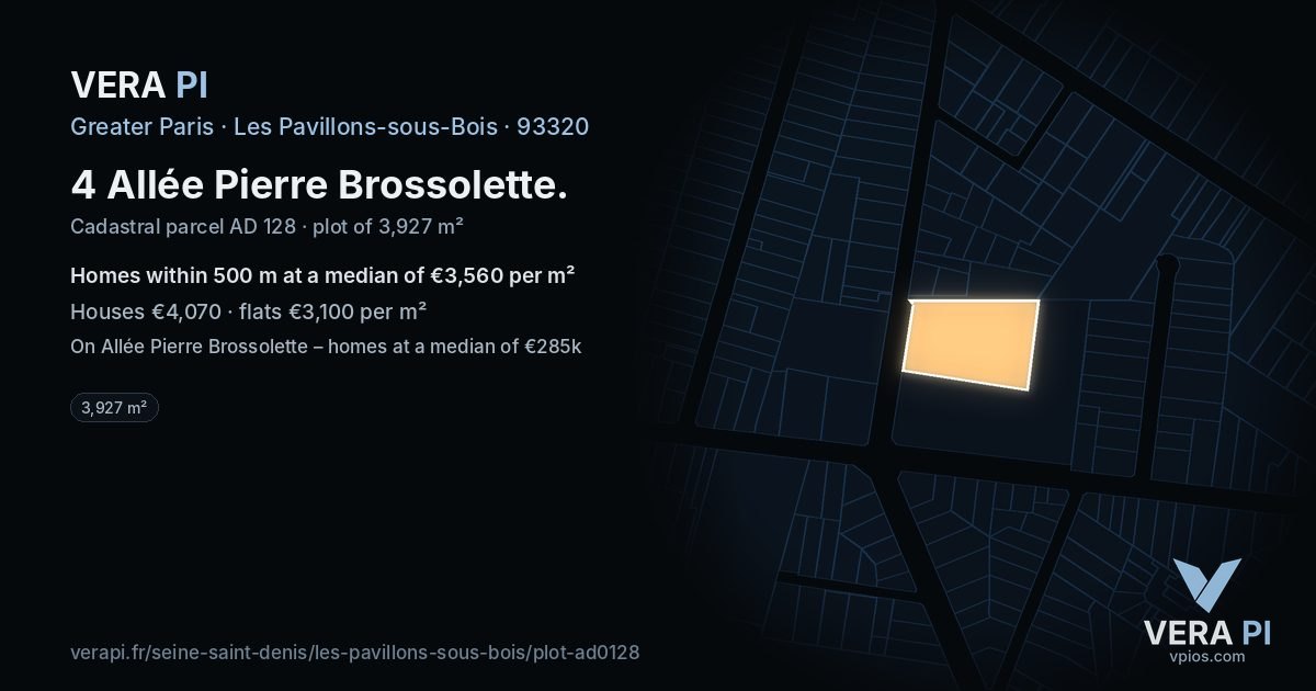 4 Allée Pierre Brossolette, Les Pavillons-sous-Bois at night – the plot lit, the parcels around coloured by the prices near them