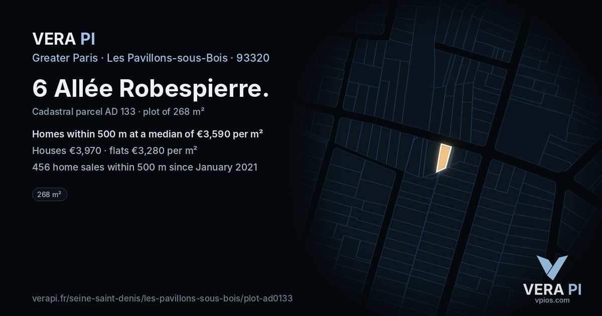 6 Allée Robespierre, Les Pavillons-sous-Bois at night – the plot lit, the parcels around coloured by the prices near them