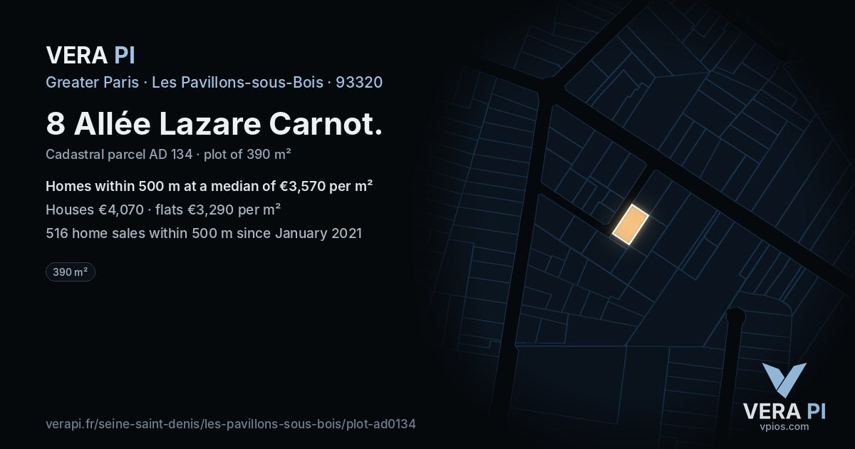 8 Allée Lazare Carnot, Les Pavillons-sous-Bois at night – the plot lit, the parcels around coloured by the prices near them
