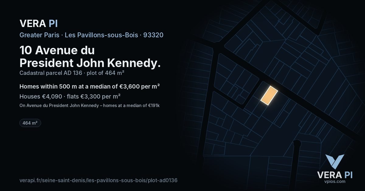 10 Avenue du President John Kennedy, Les Pavillons-sous-Bois at night – the plot lit, the parcels around coloured by the prices near them