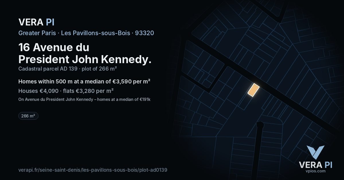 16 Avenue du President John Kennedy, Les Pavillons-sous-Bois at night – the plot lit, the parcels around coloured by the prices near them