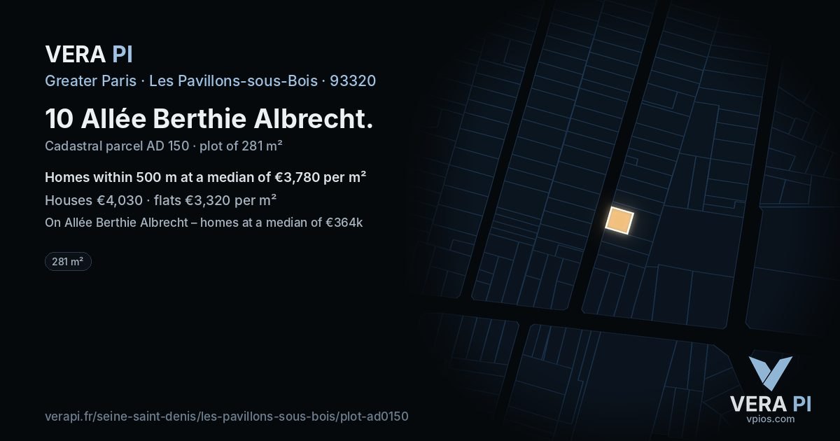 10 Allée Berthie Albrecht, Les Pavillons-sous-Bois at night – the plot lit, the parcels around coloured by the prices near them