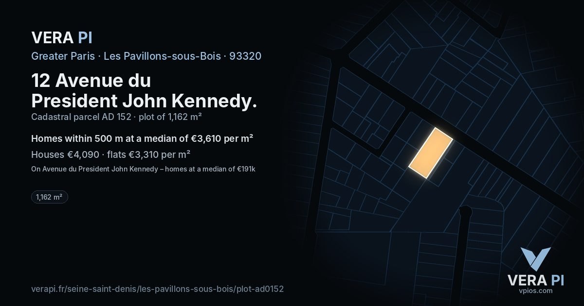 12 Avenue du President John Kennedy, Les Pavillons-sous-Bois at night – the plot lit, the parcels around coloured by the prices near them