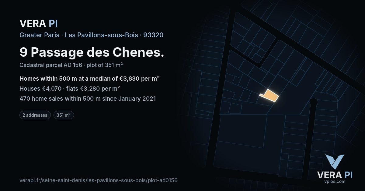 9 Passage des Chenes, Les Pavillons-sous-Bois at night – the plot lit, the parcels around coloured by the prices near them