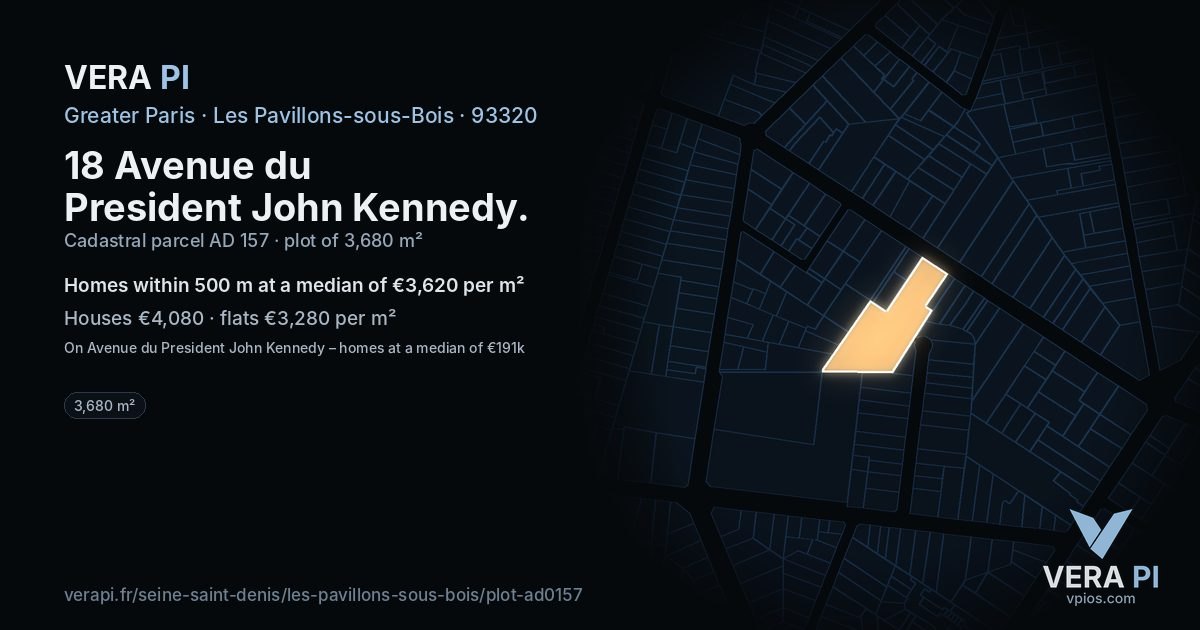 18 Avenue du President John Kennedy, Les Pavillons-sous-Bois at night – the plot lit, the parcels around coloured by the prices near them