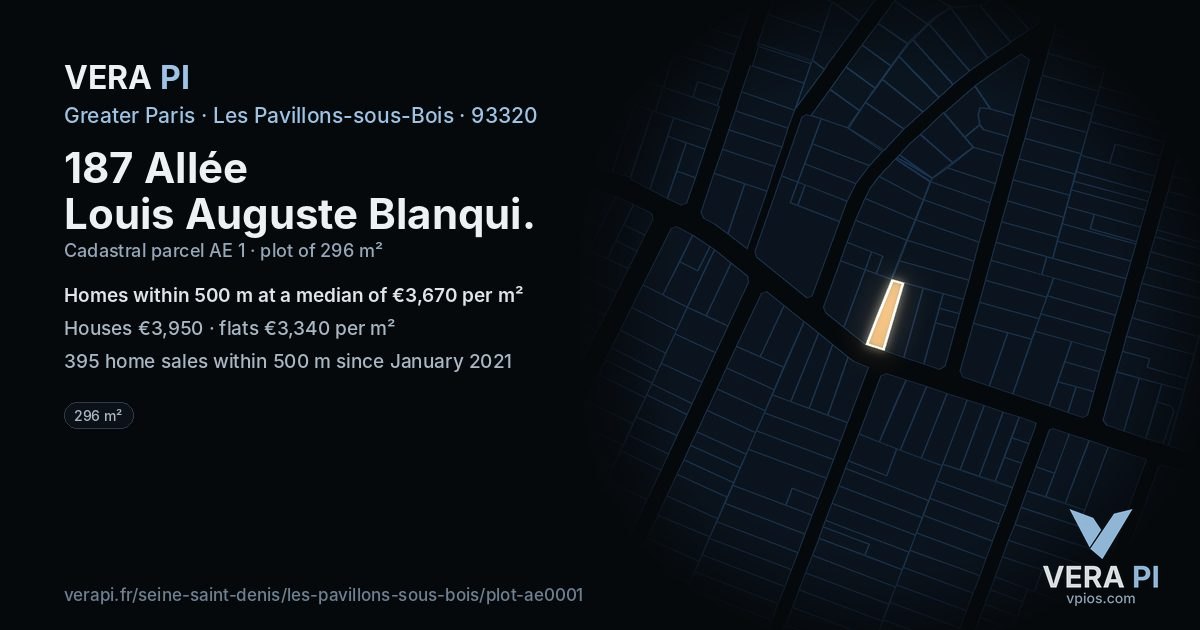 187 Allée Louis Auguste Blanqui, Les Pavillons-sous-Bois at night – the plot lit, the parcels around coloured by the prices near them