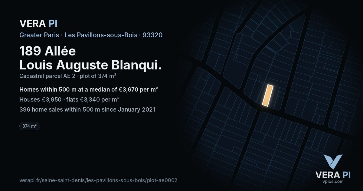189 Allée Louis Auguste Blanqui, Les Pavillons-sous-Bois at night – the plot lit, the parcels around coloured by the prices near them