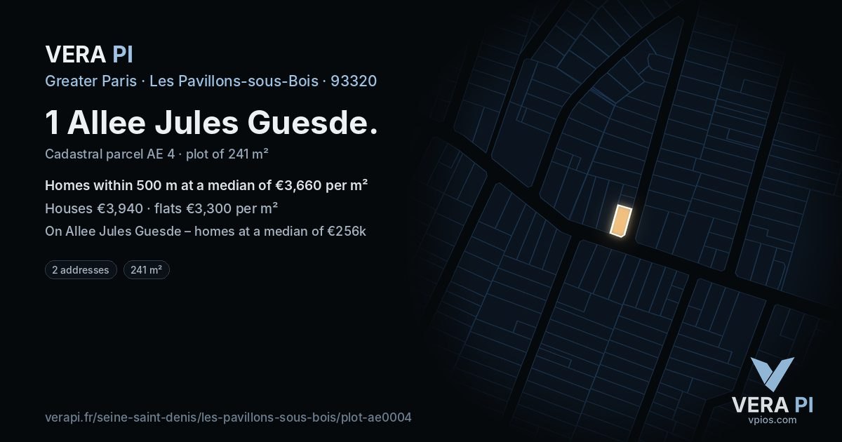 1 Allee Jules Guesde, Les Pavillons-sous-Bois at night – the plot lit, the parcels around coloured by the prices near them
