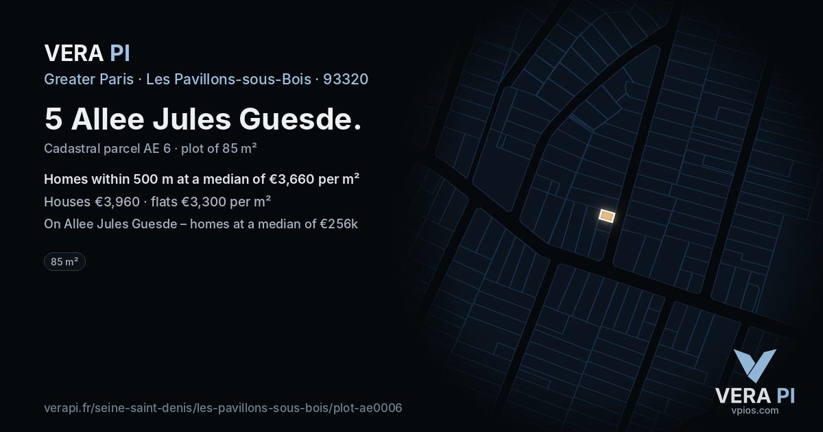5 Allee Jules Guesde, Les Pavillons-sous-Bois at night – the plot lit, the parcels around coloured by the prices near them