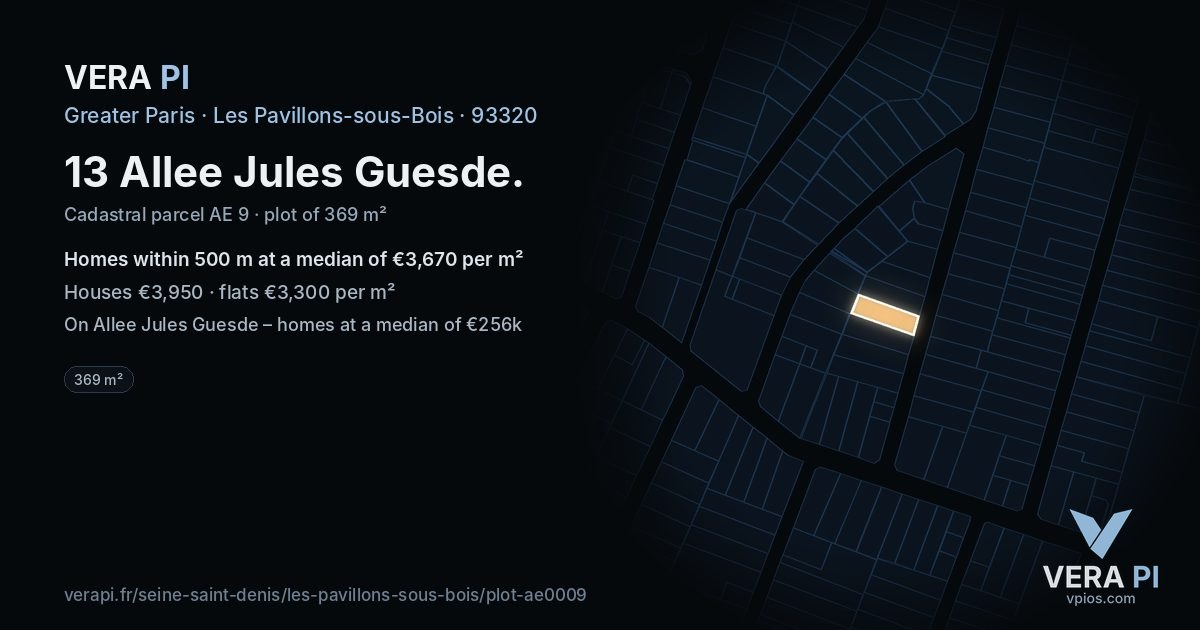13 Allee Jules Guesde, Les Pavillons-sous-Bois at night – the plot lit, the parcels around coloured by the prices near them