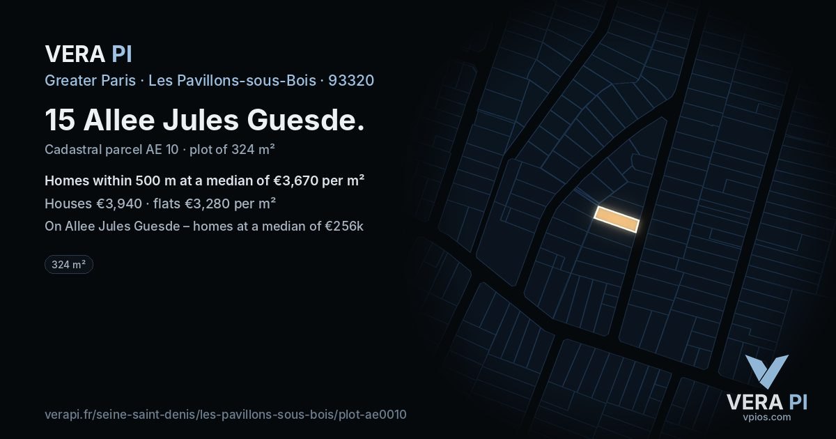 15 Allee Jules Guesde, Les Pavillons-sous-Bois at night – the plot lit, the parcels around coloured by the prices near them