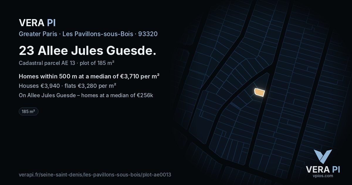 23 Allee Jules Guesde, Les Pavillons-sous-Bois at night – the plot lit, the parcels around coloured by the prices near them