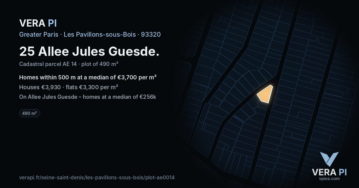 25 Allee Jules Guesde, Les Pavillons-sous-Bois at night – the plot lit, the parcels around coloured by the prices near them