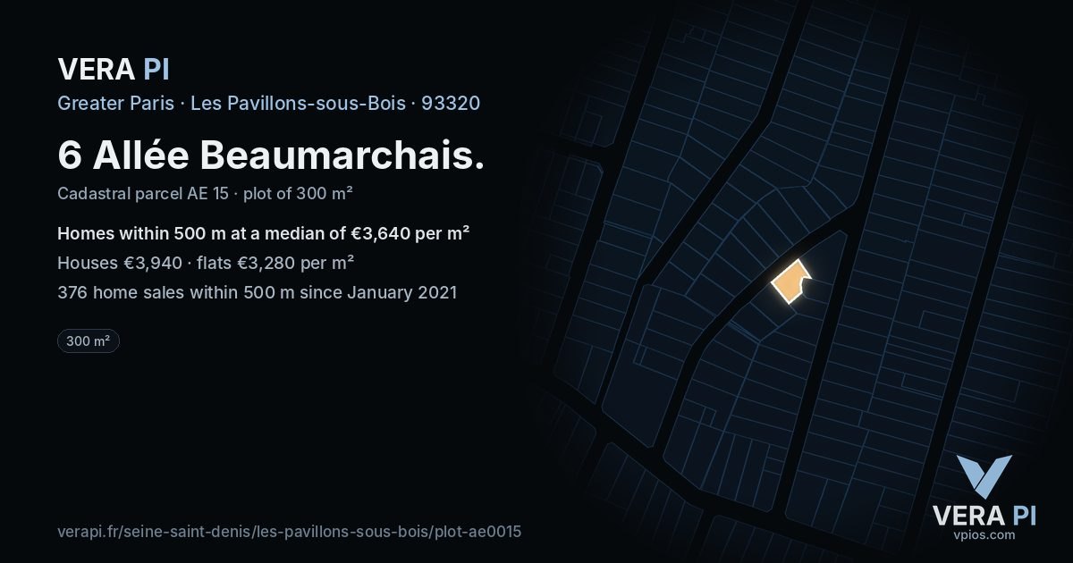 6 Allée Beaumarchais, Les Pavillons-sous-Bois at night – the plot lit, the parcels around coloured by the prices near them