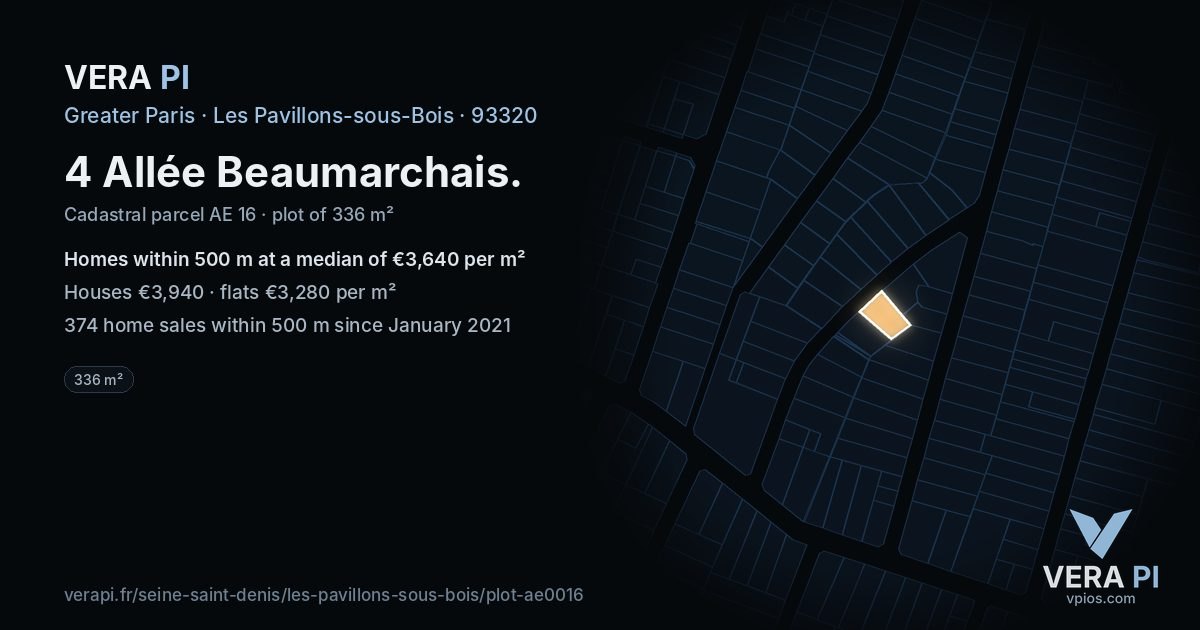 4 Allée Beaumarchais, Les Pavillons-sous-Bois at night – the plot lit, the parcels around coloured by the prices near them