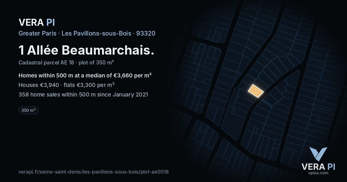 1 Allée Beaumarchais, Les Pavillons-sous-Bois at night – the plot lit, the parcels around coloured by the prices near them