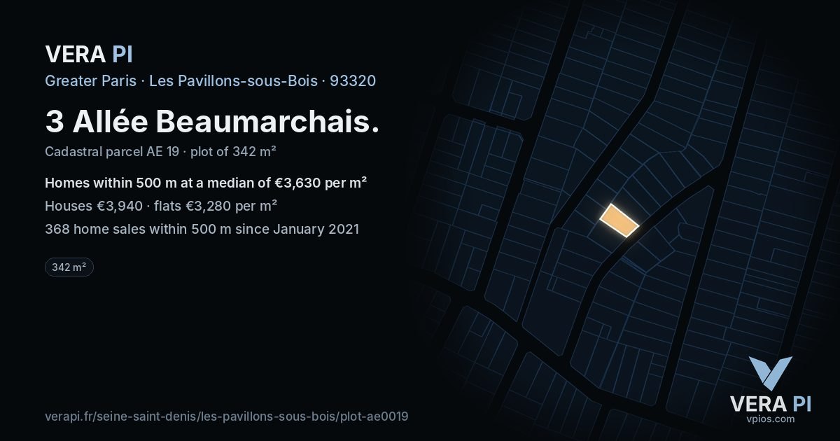 3 Allée Beaumarchais, Les Pavillons-sous-Bois at night – the plot lit, the parcels around coloured by the prices near them