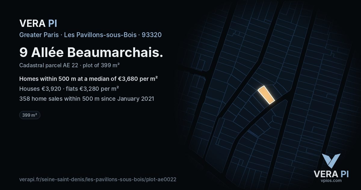 9 Allée Beaumarchais, Les Pavillons-sous-Bois at night – the plot lit, the parcels around coloured by the prices near them