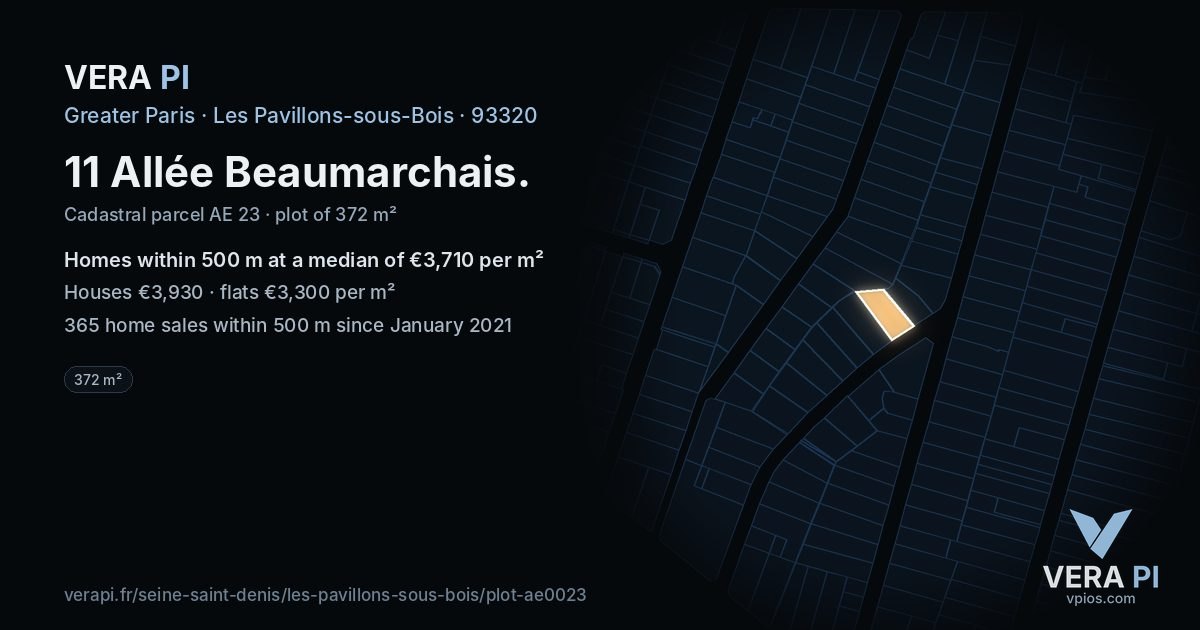 11 Allée Beaumarchais, Les Pavillons-sous-Bois at night – the plot lit, the parcels around coloured by the prices near them