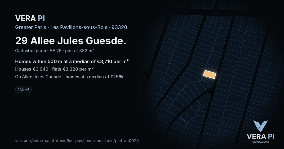 29 Allee Jules Guesde, Les Pavillons-sous-Bois at night – the plot lit, the parcels around coloured by the prices near them