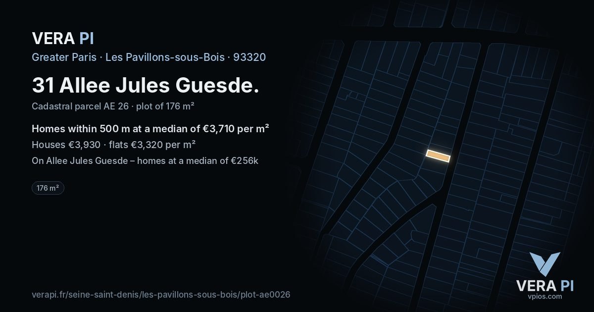 31 Allee Jules Guesde, Les Pavillons-sous-Bois at night – the plot lit, the parcels around coloured by the prices near them