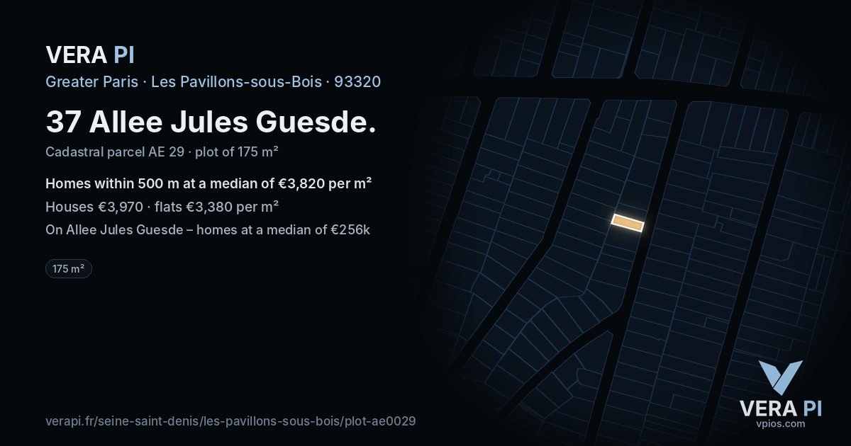 37 Allee Jules Guesde, Les Pavillons-sous-Bois at night – the plot lit, the parcels around coloured by the prices near them