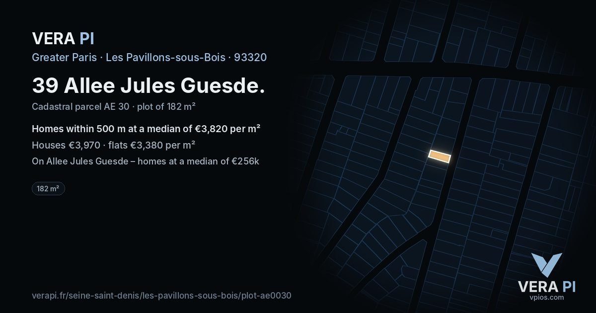 39 Allee Jules Guesde, Les Pavillons-sous-Bois at night – the plot lit, the parcels around coloured by the prices near them