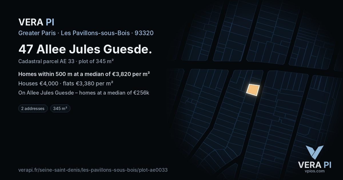 47 Allee Jules Guesde, Les Pavillons-sous-Bois at night – the plot lit, the parcels around coloured by the prices near them