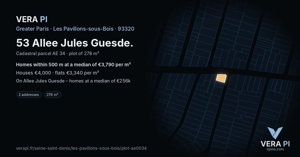 53 Allee Jules Guesde, Les Pavillons-sous-Bois at night – the plot lit, the parcels around coloured by the prices near them