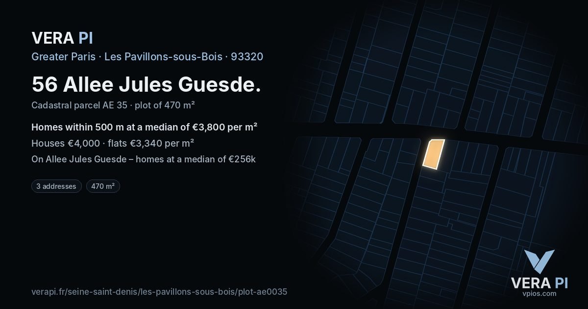 56 Allee Jules Guesde, Les Pavillons-sous-Bois at night – the plot lit, the parcels around coloured by the prices near them