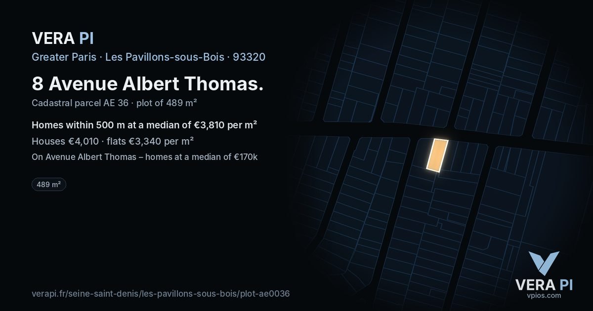 8 Avenue Albert Thomas, Les Pavillons-sous-Bois at night – the plot lit, the parcels around coloured by the prices near them