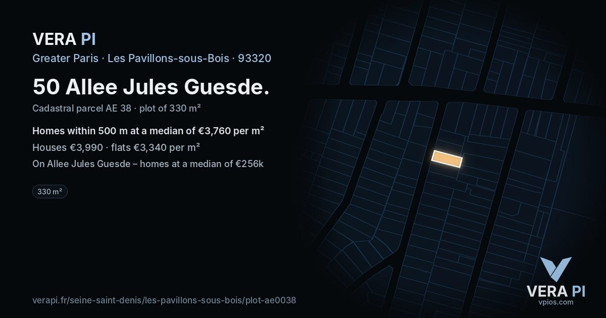50 Allee Jules Guesde, Les Pavillons-sous-Bois at night – the plot lit, the parcels around coloured by the prices near them